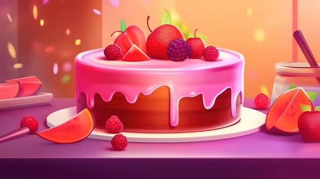 Een roze cake met een vrucht erop.