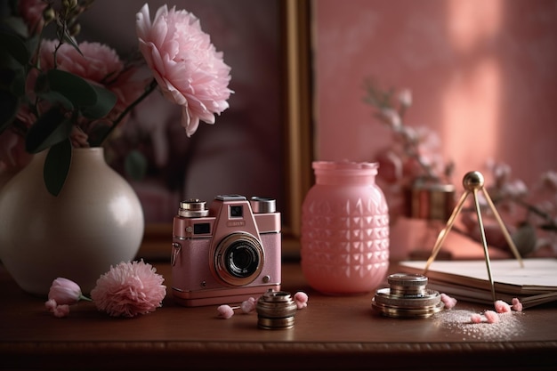 Een roze camera staat op een tafel met een vaas bloemen en een vaas bloemen.