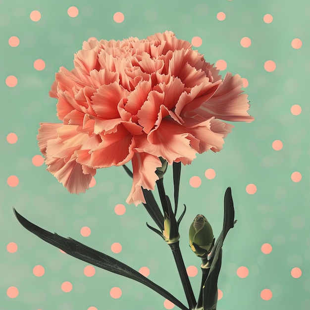 Foto een roze carnation in een vaas op een polka dot achtergrond