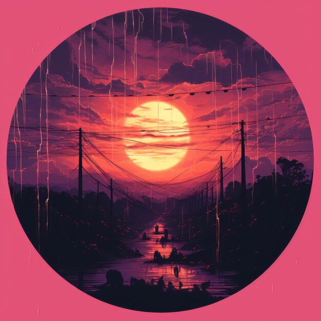 een roze cirkel met de zon op de achtergrond