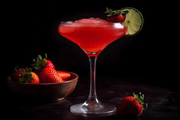 Een roze cocktail met een aardbei op de rand