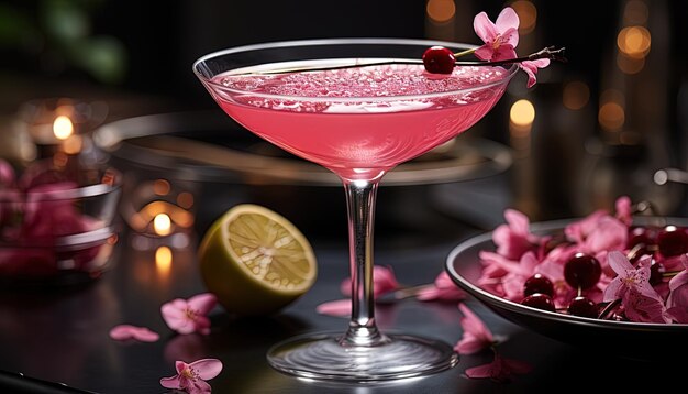 een roze cocktail met een citroen wig aan de zijkant