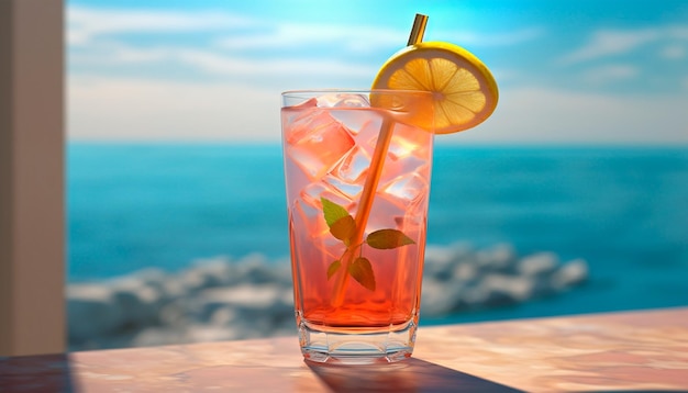 Een roze cocktail met een schijfje citroen op de rand staat op een tafel voor een strand.