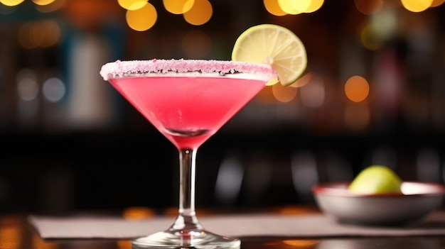 Een roze cocktail met een schijfje limoen op de rand