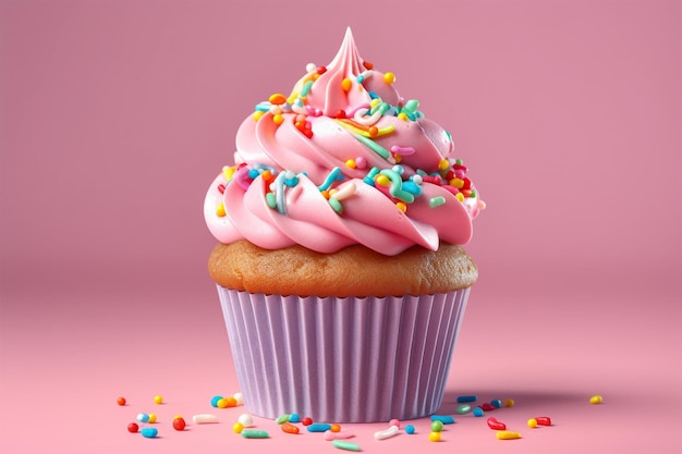 Een roze cupcake met roze glazuur en regenboogsnoepjes erop.