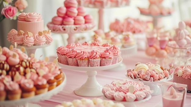 Een roze desserttafel gevuld met cakes en snoep