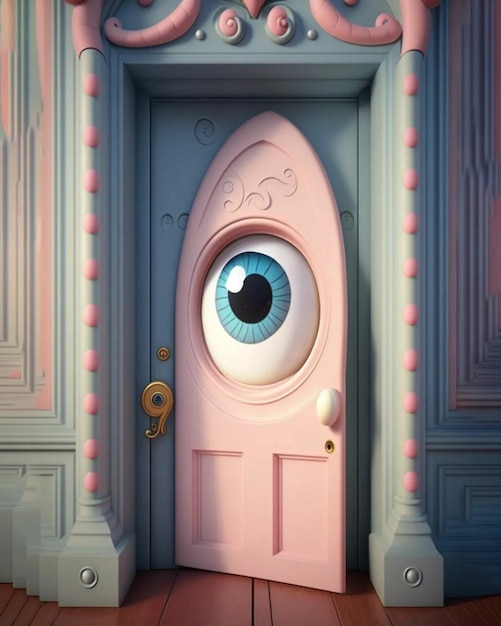 Een roze deur met een groot oog en een groot oog aan de voorkant.