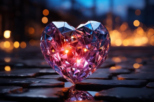 Een roze diamanten hart met rode lichten erin als het op een natte stoep staat.