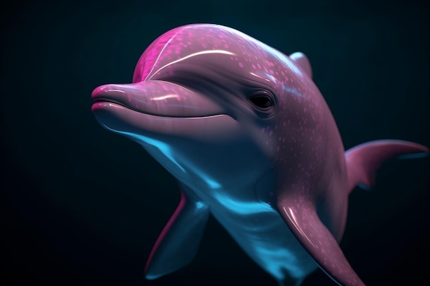 Een roze dolfijn met een paarse gloed op zijn gezicht