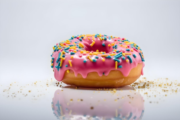 Een roze donut met roze glazuur en hagelslag erop.