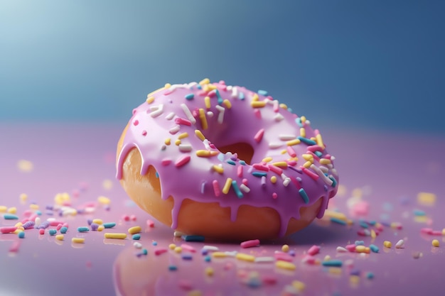 Een roze donut met roze glazuur en hagelslag erop.