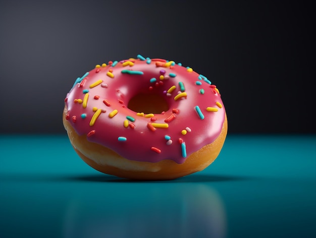 Een roze donut met roze glazuur en hagelslag op een blauwe tafel.