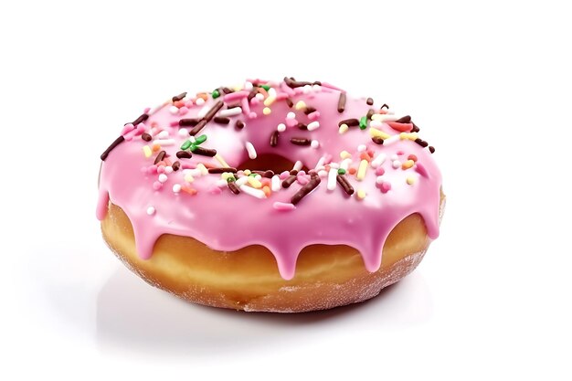 Een roze donut met roze glazuur geïsoleerd op een witte achtergrond