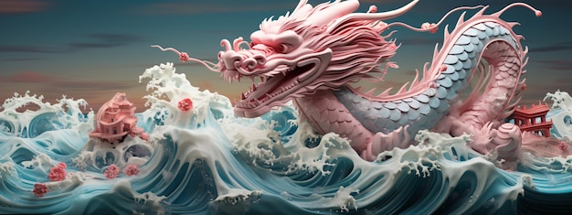 een roze draak in het water