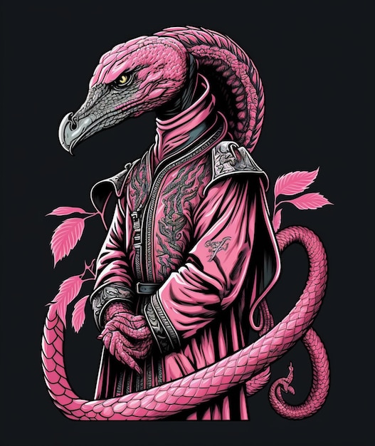 Een roze draak met een roze slang op zijn kop