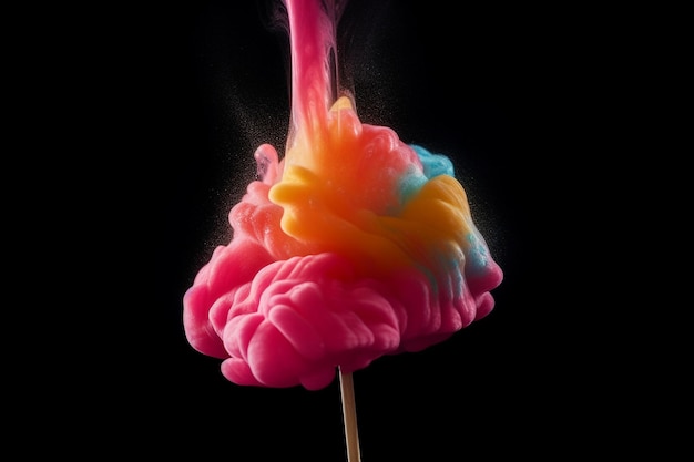 Een roze en blauw brein op een stokje waar rook uit komt.
