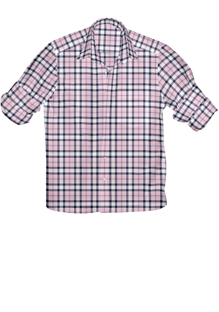 Een roze en blauw geruit overhemd met een witte achtergrond