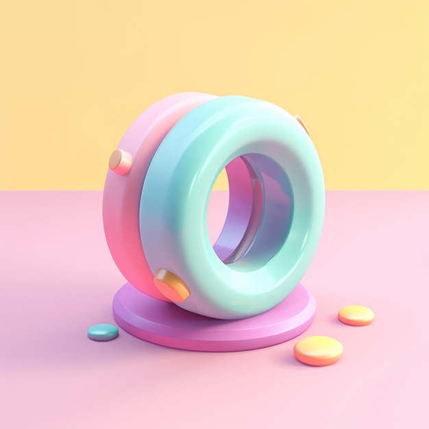 Een roze en blauw speeltje met een rond snoepje erop