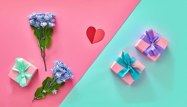 Een roze en blauwe achtergrond met bloemen, een hart en een geschenkdoos.