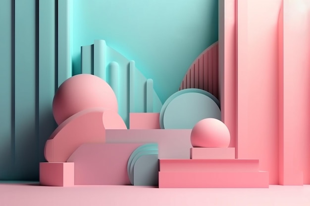 Een roze en blauwe achtergrond met grote geometrische vormen