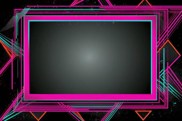 een roze en blauwe kader met driehoeken op een zwarte achtergrond