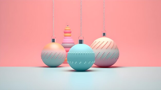 Een roze en blauwe kerstbal met een roze achtergrond.