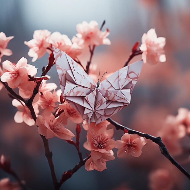 een roze en dromerige achtergrond in vlinderorigamistijl