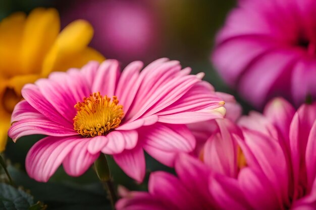 Een roze en gele bloem staat in de hoek van een foto.