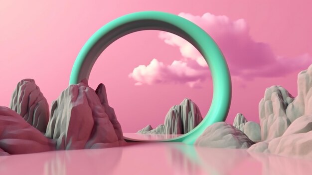 Foto een roze en groen landschap met een groene ring in het midden.
