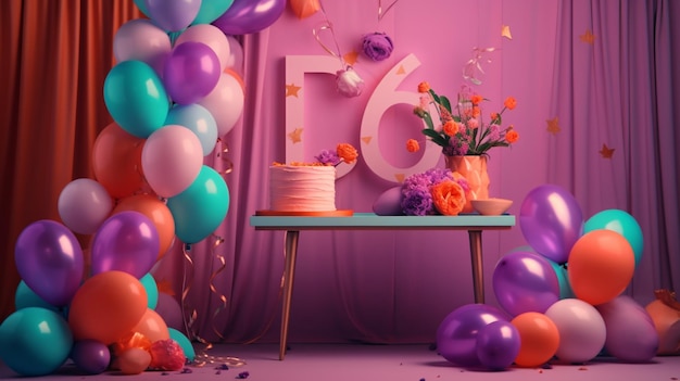 Een roze en paarse achtergrond met een bos ballonnen en een taart erop.