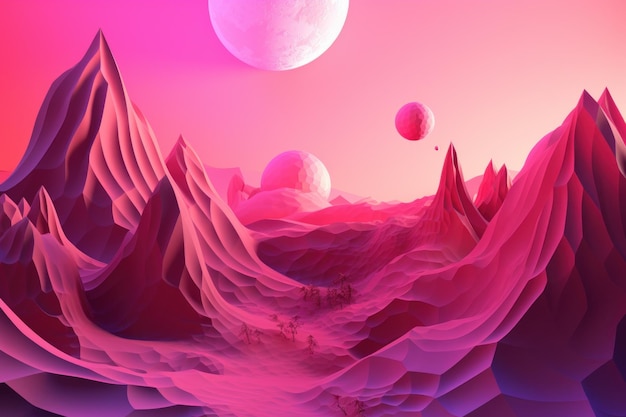 Een roze en paarse planeet met een maan op de achtergrond