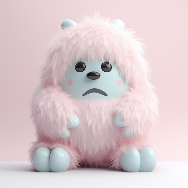 Een roze en wit knuffeldier met een droevig gezicht.