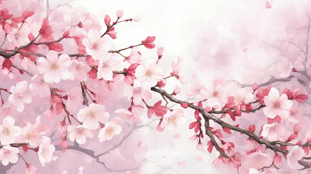Een roze en wit schilderij van een kersenbloesemboom.