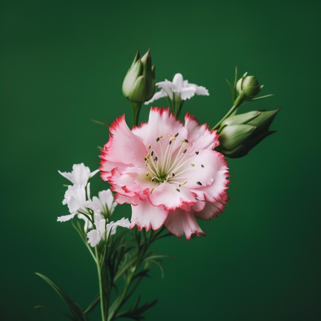 Een roze en witte bloem staat voor een groene achtergrond.