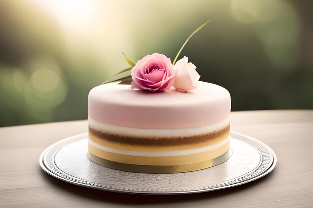 Foto een roze en witte cake met roze glazuur en rozen erop.