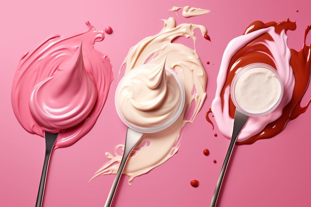 Een roze en witte dessertlepel met verschillende gekleurde crèmes erop.