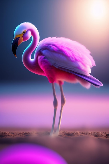 Een roze en witte flamingo die op het zand staat
