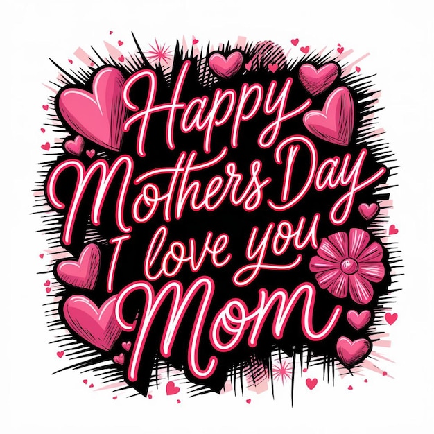 Foto een roze en zwarte poster met harten en moeder moederdag tekst