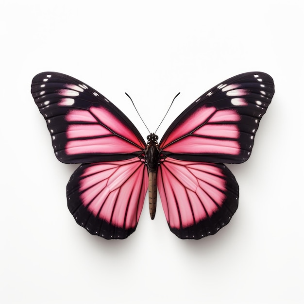 een roze en zwarte vlinder, geïsoleerd op een witte achtergrond, wordt vastgelegd in deze minimale retouchering foto. het beeld toont de precisionistische kunststijl, die doet denken aan nationale geografische foto's