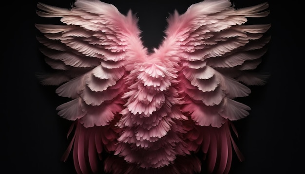 Een roze engelenvleugel met roze veren op een zwarte achtergrond