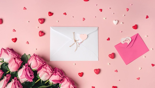 Een roze envelop met een roze hartje en een witte envelop met roze rozen erop.