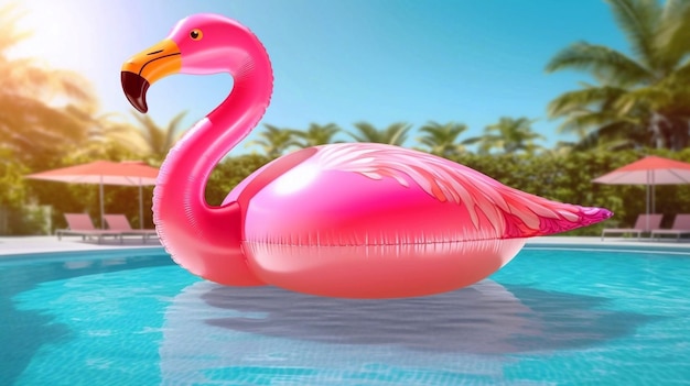 Een roze flamingo drijft in een poel met palmbomen op de achtergrond Zomerachtergrond