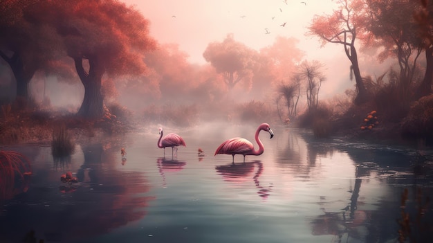Een roze flamingo drijft op een meer met een boom op de achtergrond.