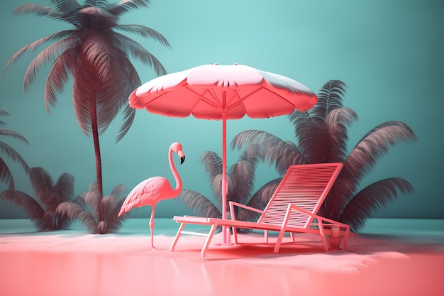 Een roze flamingo en een parasol staan voor een groene muur.