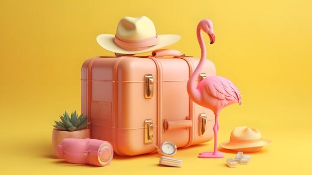 Een roze flamingo en een roze flamingo staan op een gele achtergrond.