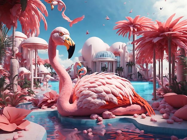 Foto een roze flamingo in een meer een roze flemingo in een zwembad ai gegenereerd