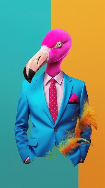 Een roze flamingo met een blauw pak en een rode stropdas.