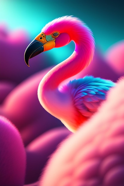 Foto een roze flamingo met een geel oog en een zwart-wit oog.