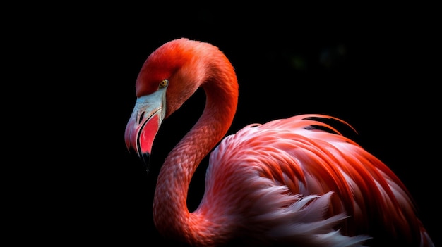 Een roze flamingo met een zwarte achtergrond