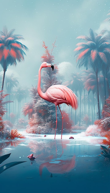 Een roze flamingo staat in een vijver met palmbomen op de achtergrond.
